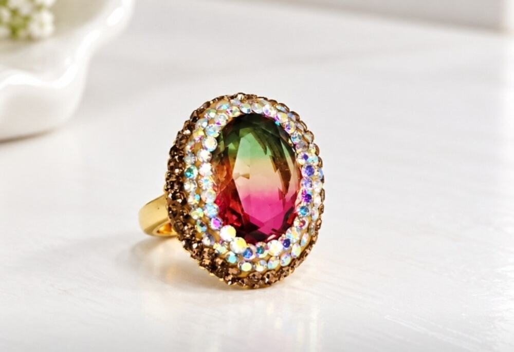 18K Plated Oval Rhinestone Green Red Fade Stone Adjustable Ring New